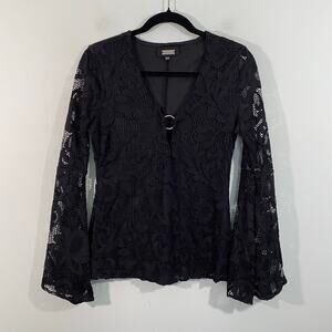 Vtg 90's Y2K Alexia Admor Black Overlay Lace Bell Sleeves Blouse Size XS